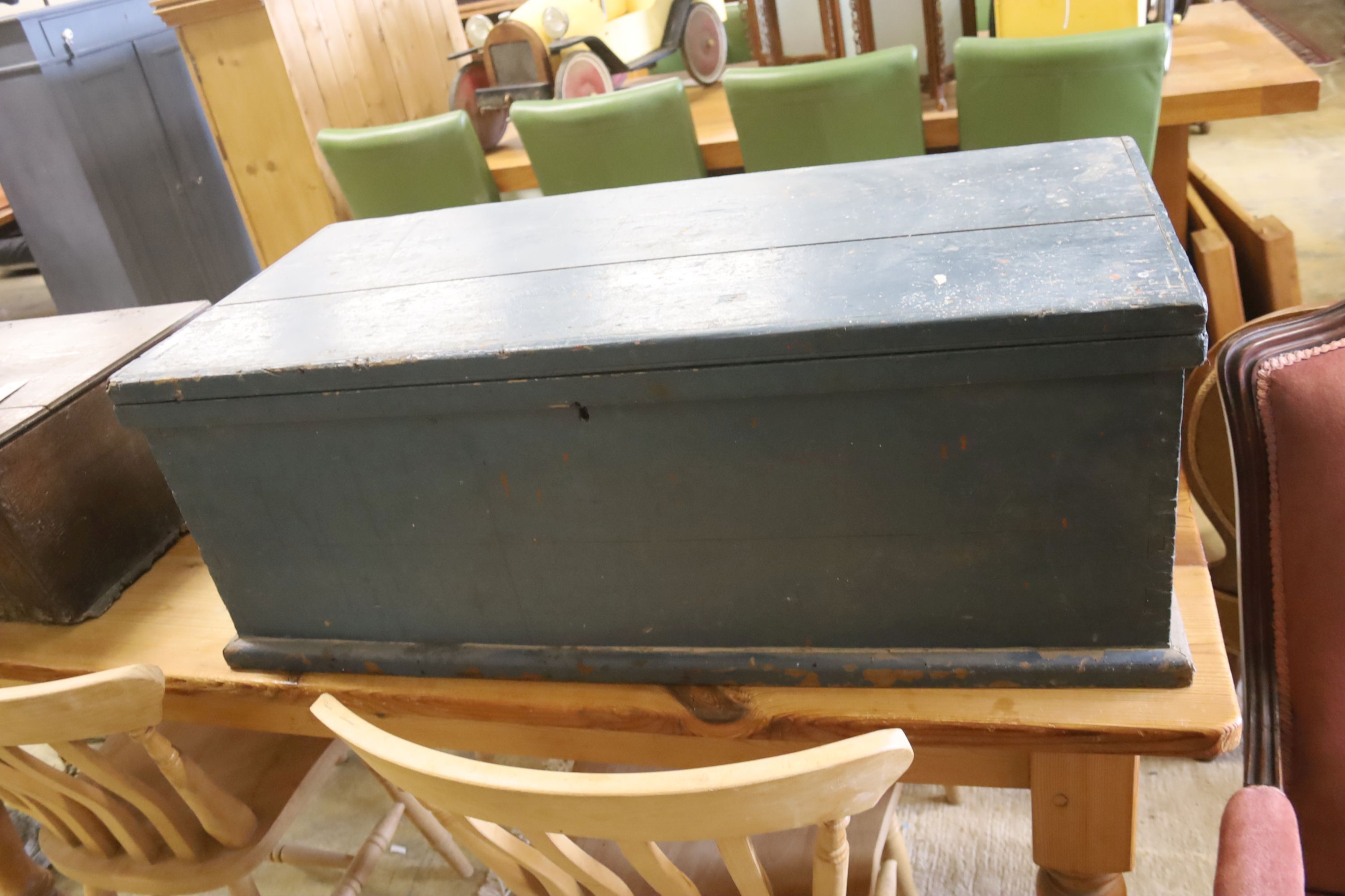 A Victorian pine carpenter's chest, width 92cm, depth 42cm, height 33cm with tools